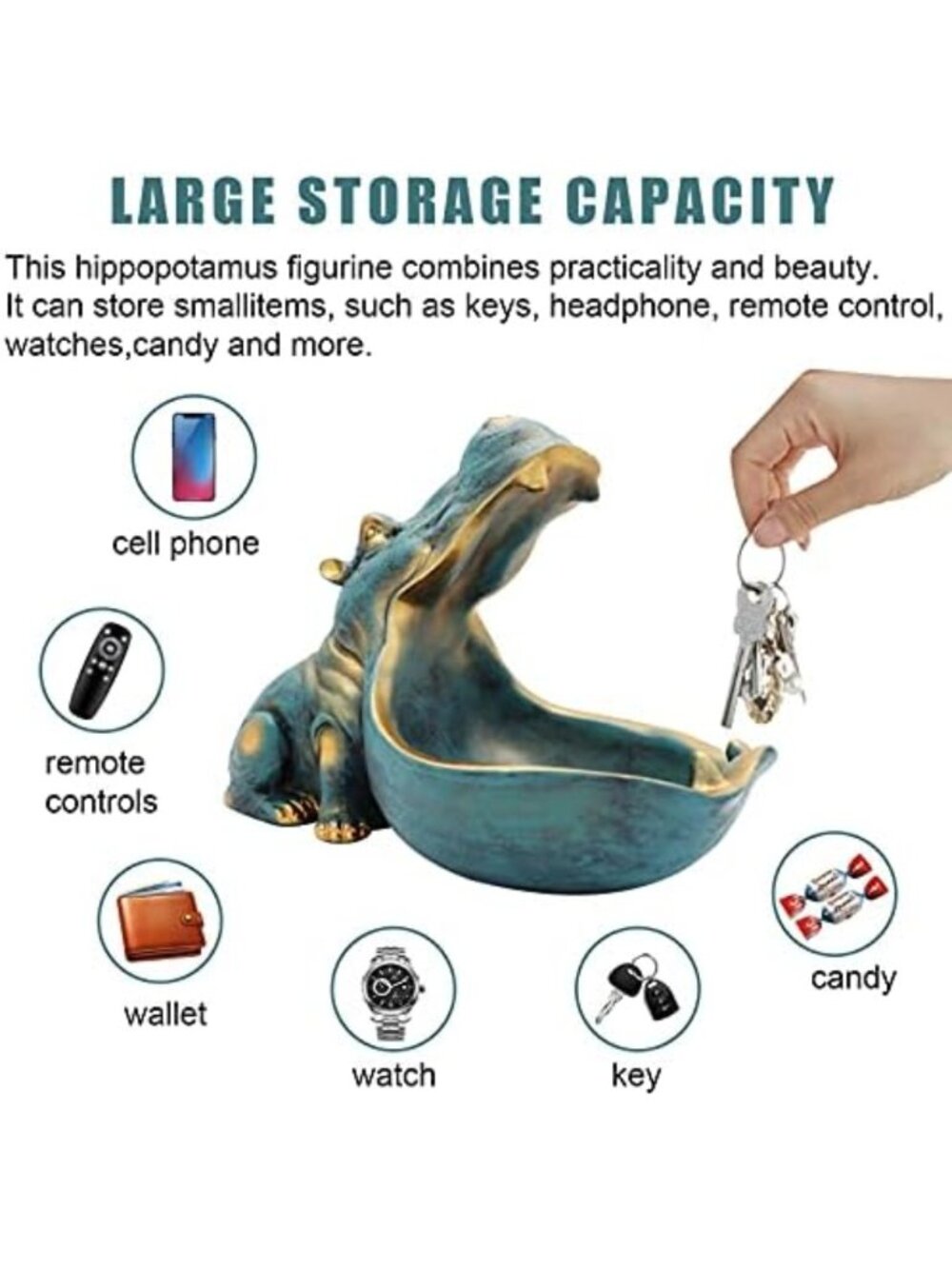 Funny Hippo Statue Candy Dish & Key Bowl - Dark Blue Decorative Storage - Picture 5 of 6